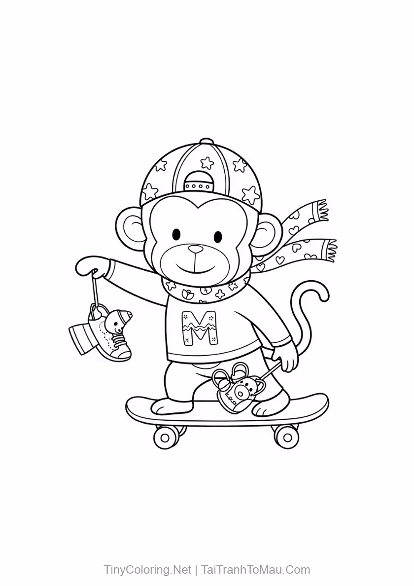 Funny monkey coloring page waving hello for kids to practice coloring