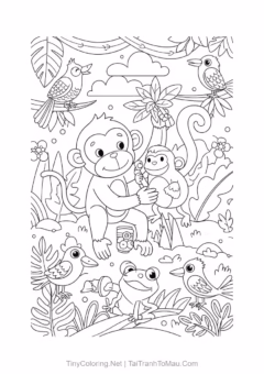 Cute monkey coloring page showing a monkey eating a banana
