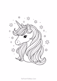 Unicorn coloring page showing a winged unicorn (Pegasus) flying among clouds and stars.