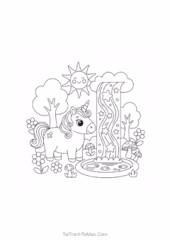 Cute pony coloring page featuring a sitting pony with large, sparkling eyes.