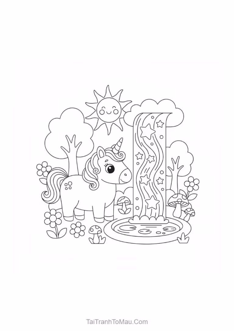 Cute pony coloring page featuring a sitting pony with large, sparkling eyes.