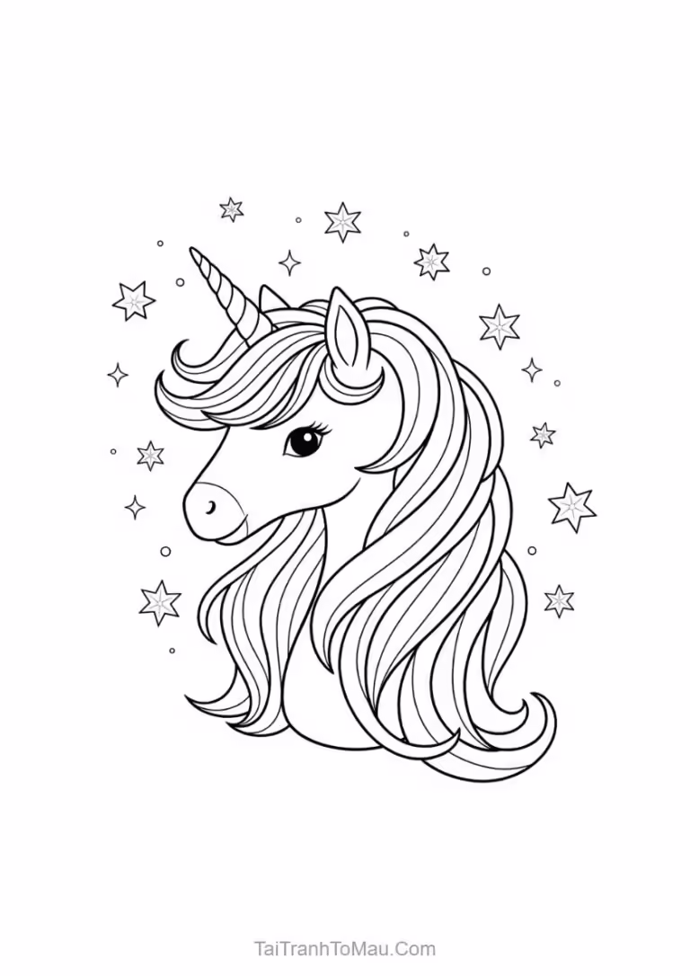 Unicorn coloring page showing a winged unicorn (Pegasus) flying among clouds and stars.