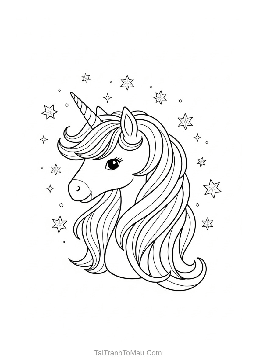 Horse Coloring Pages: Cute Ponies, Unicorns & More (Printable PDF) 2 Unicorn coloring page showing a winged unicorn (Pegasus) flying among clouds and stars.