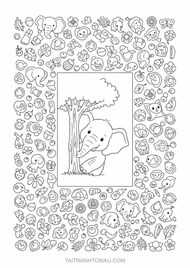 Cute baby elephant coloring page waving hello, simple lines for preschoolers.