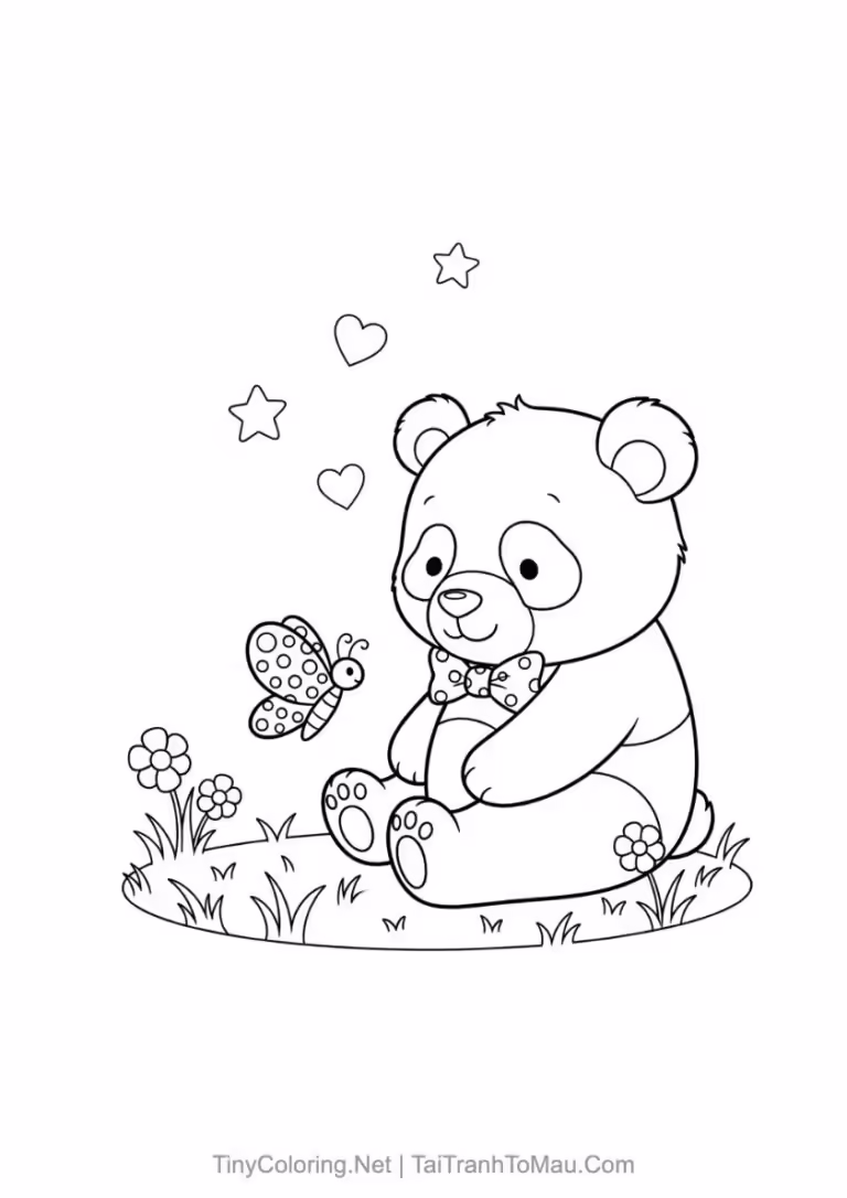 Tranh tô màu gấu trúc đáng yêu đang ngồi ăn tre.