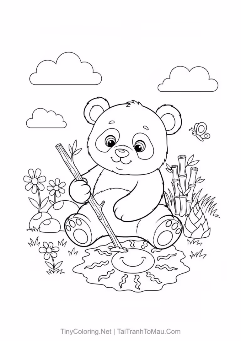 Cute baby panda coloring page, sitting and playing alone.