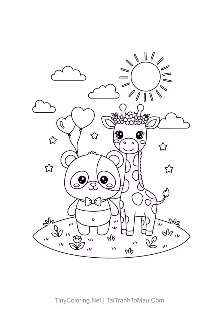 Tranh tô màu gấu trúc chibi dễ thương cho bé.