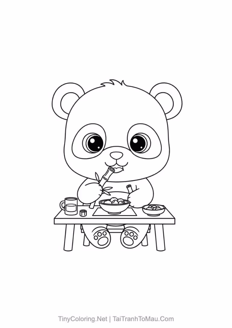 Drawing of a playful chibi panda with multiple expressions to color
