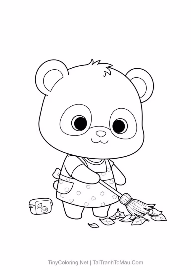 Chibi panda coloring page of a panda sitting and eating bamboo