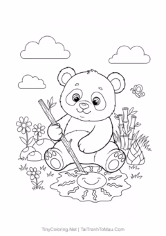Tranh Tô Màu Gấu Trúc Cute – gấu trúc ngồi ăn tre.
