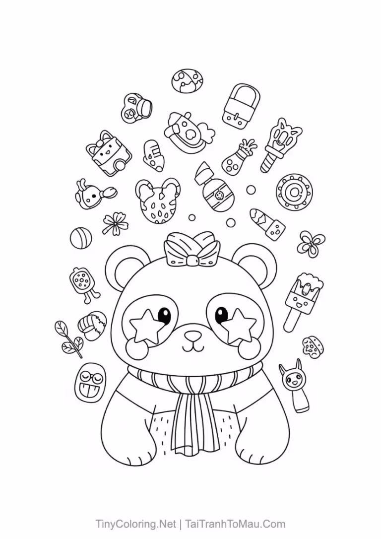 Whimsical chibi panda coloring page wearing a pilot's hat.