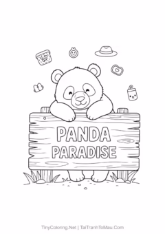Panda coloring page showing a panda sitting and eating bamboo shoots happily.