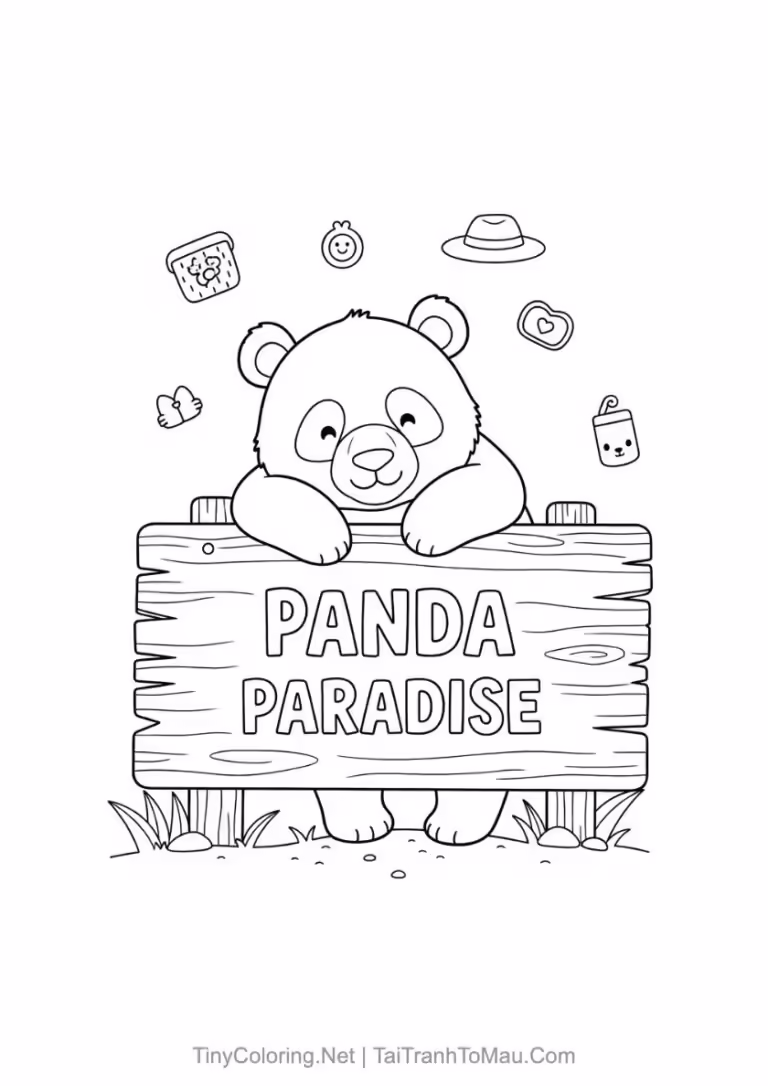 Panda coloring page showing a panda sitting and eating bamboo shoots happily.