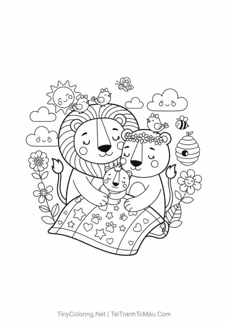Tranh tô màu sư tử dũng mãnh và đáng yêu.