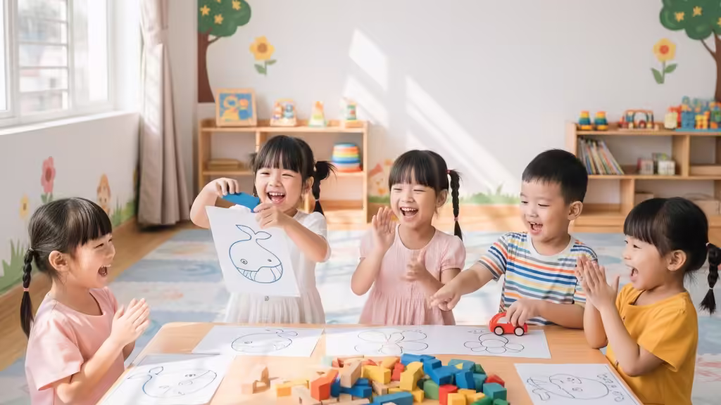 tre-em-choi-tro-choi-mau-sac Nhóm trẻ em đang chơi trò chơi học màu sắc, sử dụng tranh tô màu và đồ chơi.
