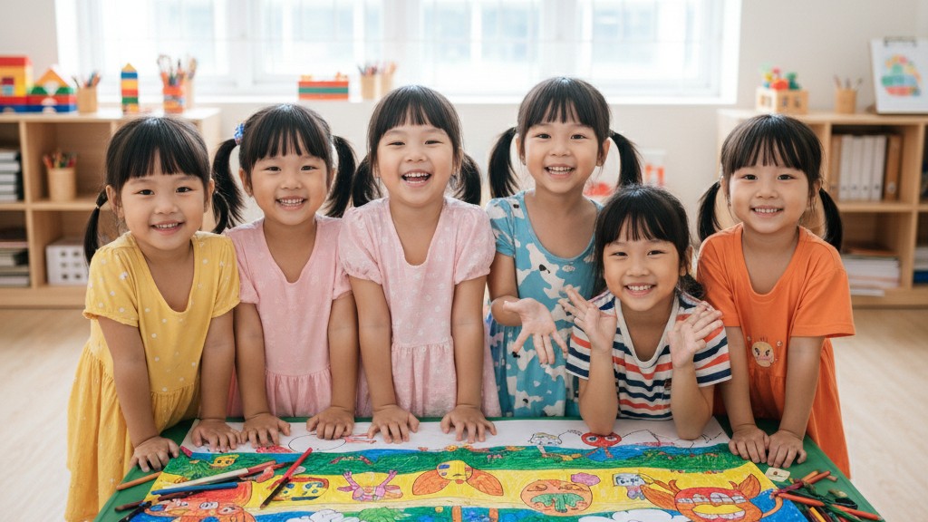 tre-em-khoe-tranh-to-mau-tap-the Nhóm trẻ em mầm non vui mừng khoe bức tranh tô màu tập thể khổ lớn đã hoàn thành.