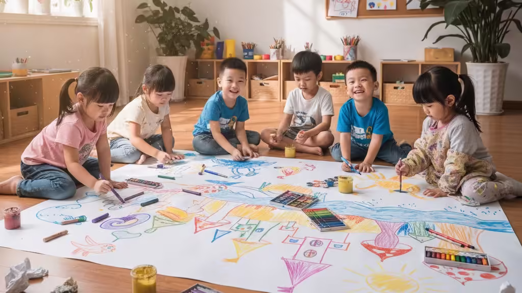 Hoạt động sáng tạo cho bé: Nhóm trẻ em cùng nhau vẽ và tô màu tự do trên giấy khổ lớn.
