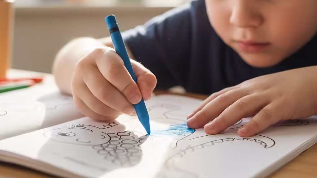 tre-to-mau-ren-luyen-van-dong-tinh Bàn tay nhỏ của bé chăm chú tô màu, rèn luyện kỹ năng vận động tinh và sự tập trung.