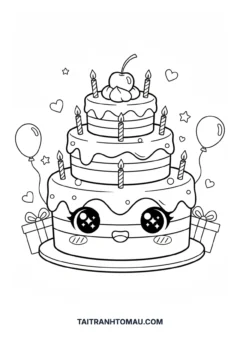 Tranh tô màu bánh kem sinh nhật đẹp bánh kem mặt cười kawaii