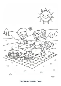 Tranh tô màu gia đình hạnh phúc gia đình đi picnic cuối tuần