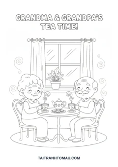 Bé tô màu ông bà đang ngồi uống trà thảnh thơi