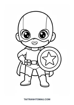 Tranh tô màu Siêu Nhân chibi cute đội trưởng Mỹ chibi cầm khiên