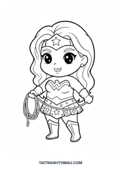 Tranh tô màu Siêu Nhân Wonder Woman chibi dũng cảm