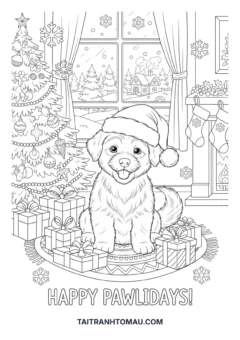 Tranh tô màu chó con cute chó con đội mũ Noel