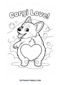 Tranh tô màu chó con cute Corgi quay mông hình trái tim