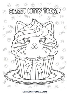 Tranh tô màu bánh kem sinh nhật đẹp cupcake hình mèo con