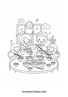 Hình tô màu gia đình đang quây quần bên mâm cơm tối