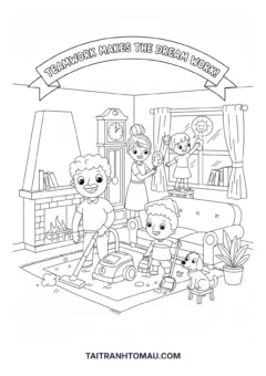 Hình tô màu cả nhà cùng nhau dọn dẹp nhà cửa sạch sẽ
