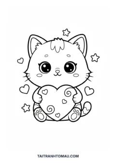 Tranh tô màu con mèo cute mèo chibi ôm trái tim