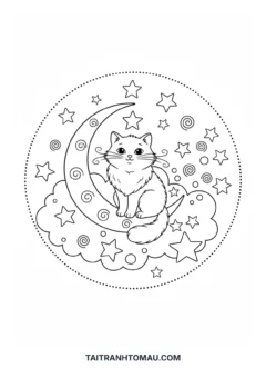 Tranh tô màu mèo ngồi trên trăng