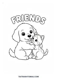 Tranh tô màu con mèo cute mèo và cún con thân thiết