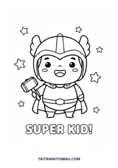 Tranh tô màu Siêu Nhân chibi cute thần sấm Thor chibi cầm búa
