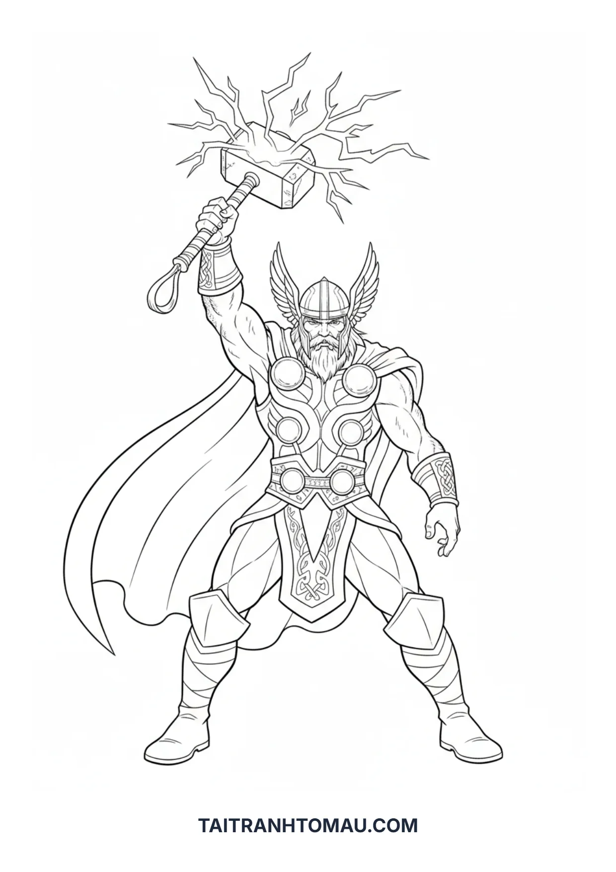 Thần Sấm Thor giơ cao búa thần Tranh tô màu Thần Sấm Thor