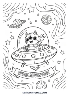 Tranh tô màu alien lái UFO