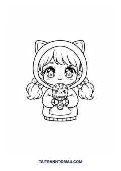 Tranh tô màu bé gái Anime Chibi mắt to tròn