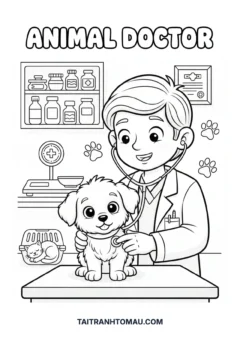Tranh Tô Màu Bác Sĩ, bác sĩ thú y chăm sóc chú chó nhỏ.
