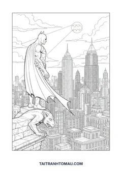 Tranh tô màu Siêu Nhân Batman đứng trên nóc nhà Gotham