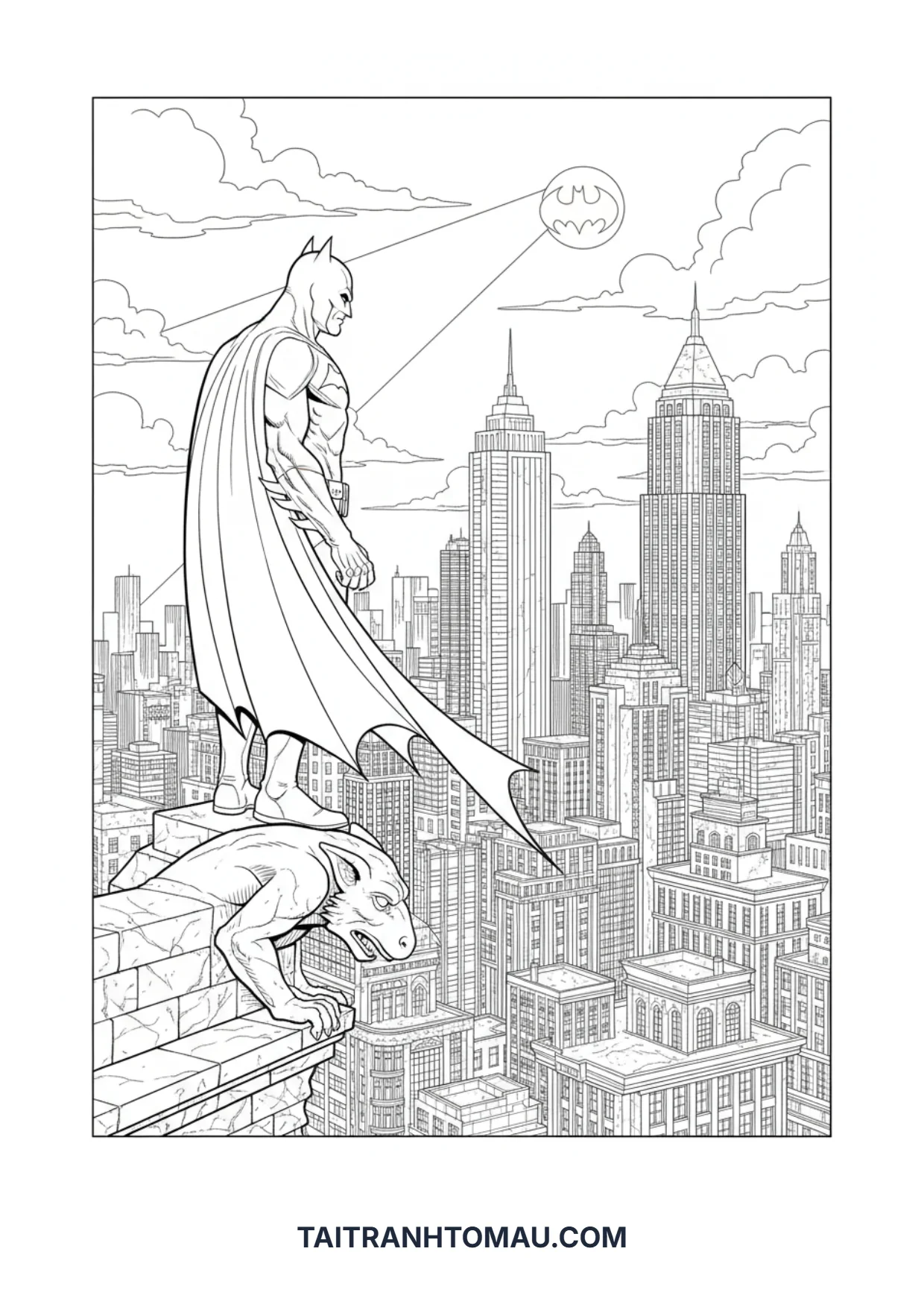 Người Dơi đứng trên nóc nhà quan sát Tranh tô màu Người Dơi Batman