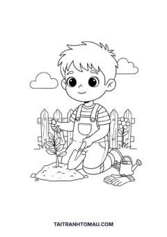 Tranh tô màu Bảo Vệ Môi Trường bé trai trồng cây xanh