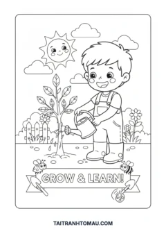 Tranh tô màu cây xanh bé tưới cây trong vườn