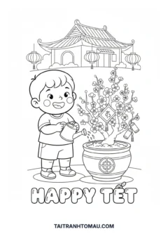 Tranh tô màu bé chăm sóc hoa Tết