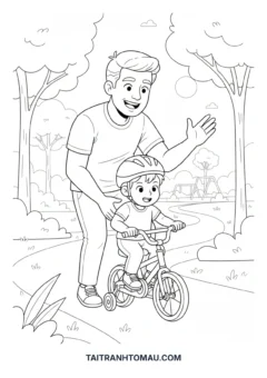 Tranh tô màu bố mẹ và bé bố dạy bé tập xe đạp