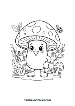 Tranh tô màu cây nấm cute