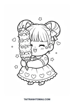 Tranh tô màu Chibi đang ăn kem