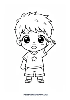 Tranh tô màu Chibi bé trai vẫy tay chào