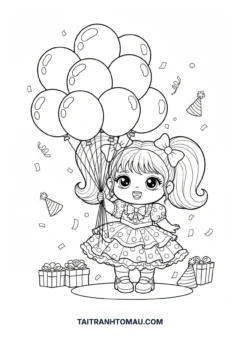 Tranh tô màu Chibi cầm bóng bay